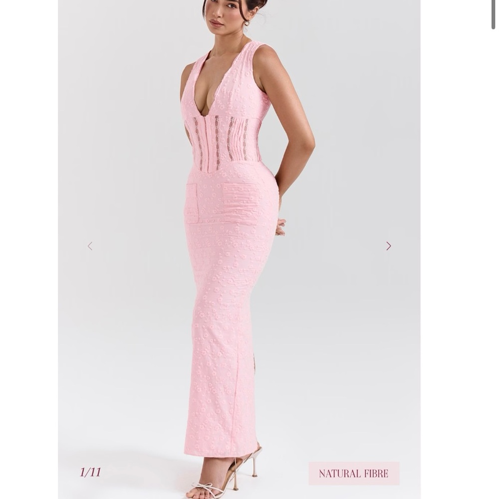 NWT House of CB Sophina Pink Broderie Anglais Plunge Maxi Dress Size XS